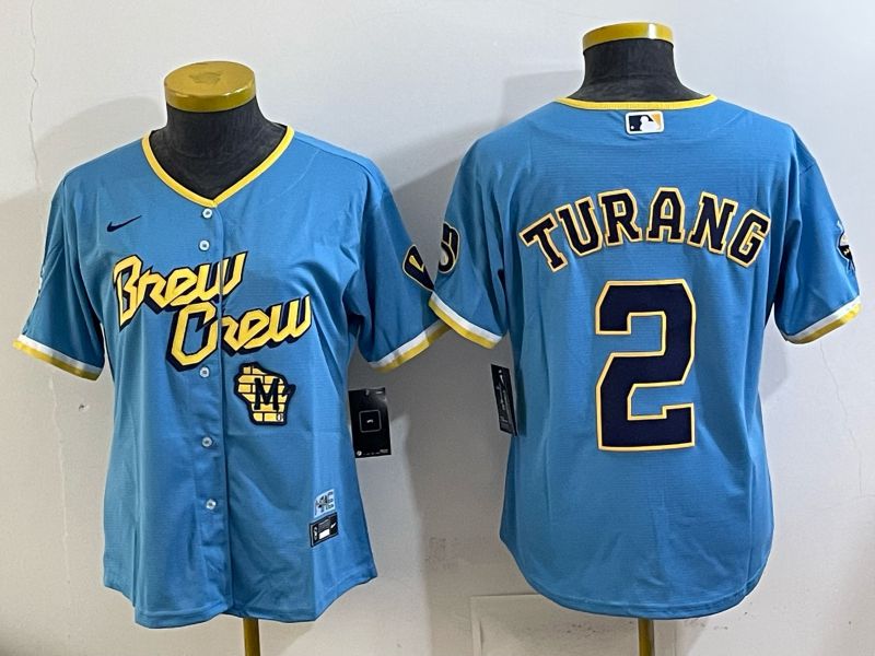 Women 2025 Milwaukee Brewers #2 Turang Light blue City Edition Nike MLB Jersey 06->women mlb jersey->Women Jersey
